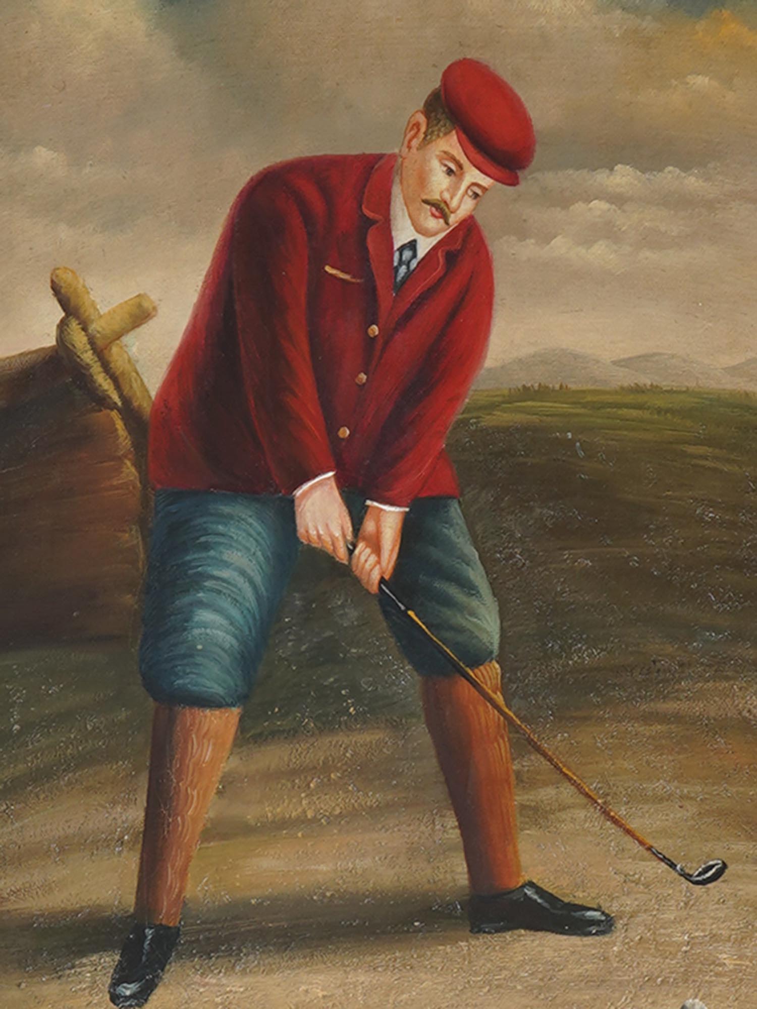 AN ANTIQUE SIGNED OIL PAINTING OF THE GOLFIST PIC-1